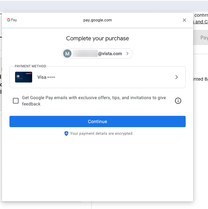 Aparece una ventana emergente de Google Pay vinculada a VistaPrint que incluye el correo electrónico del usuario, los últimos dígitos de la tarjeta Visa seleccionada y el botón de «Continuar».