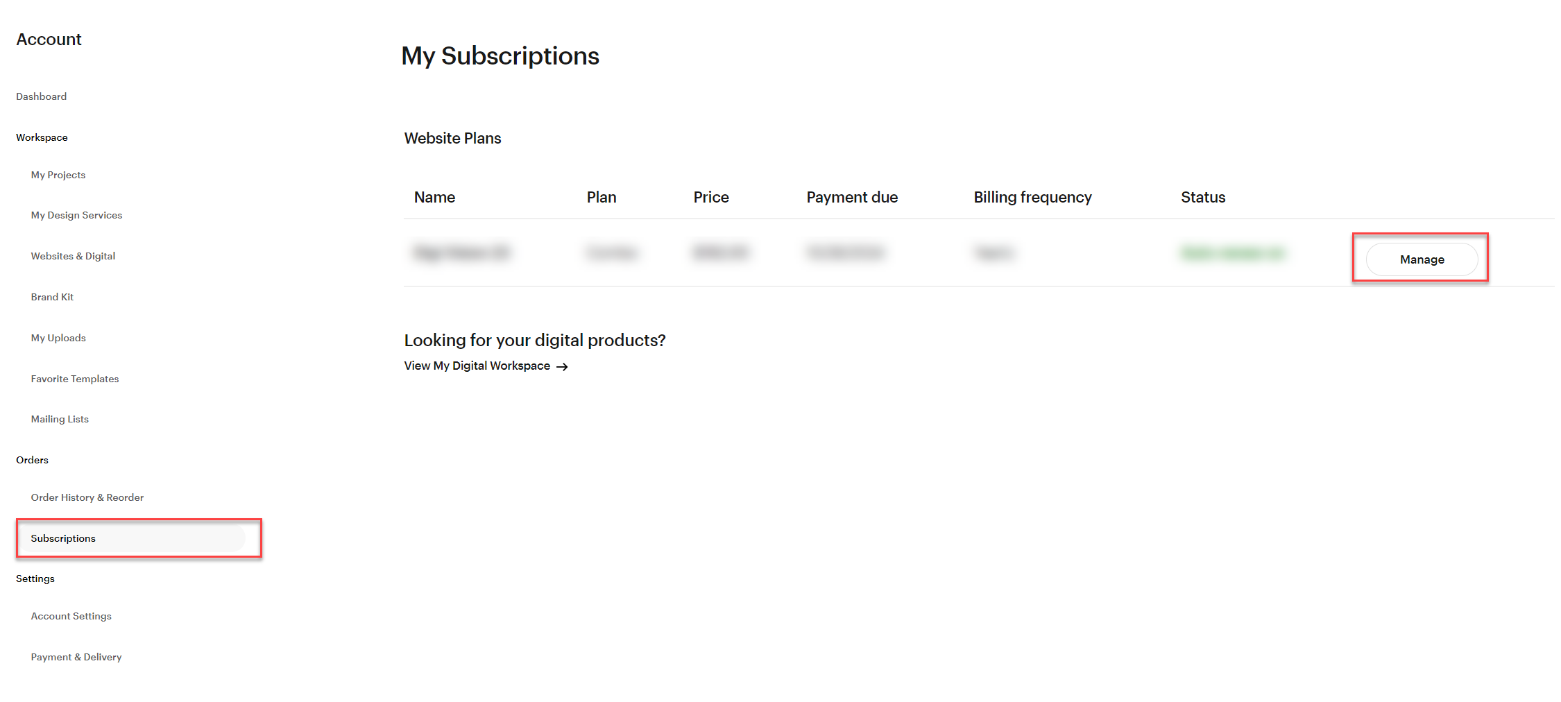 Aparece seleccionado el botón «Gestionar» situado junto a una suscripción concreta.