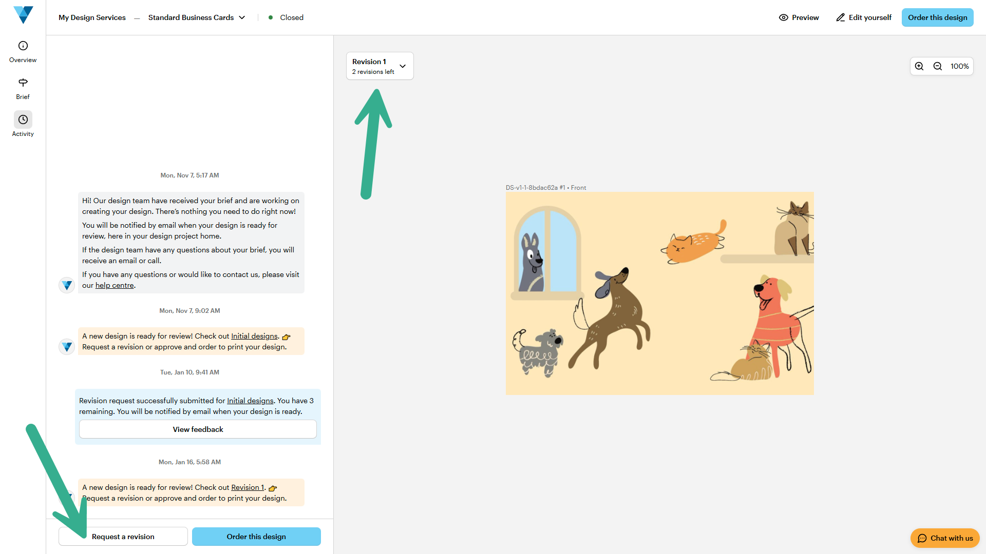 Página del proyecto en «Servicios de diseño» en la que aparece destacada la opción de «Solicitar una revisión» y el recuento de revisiones del diseño actual.