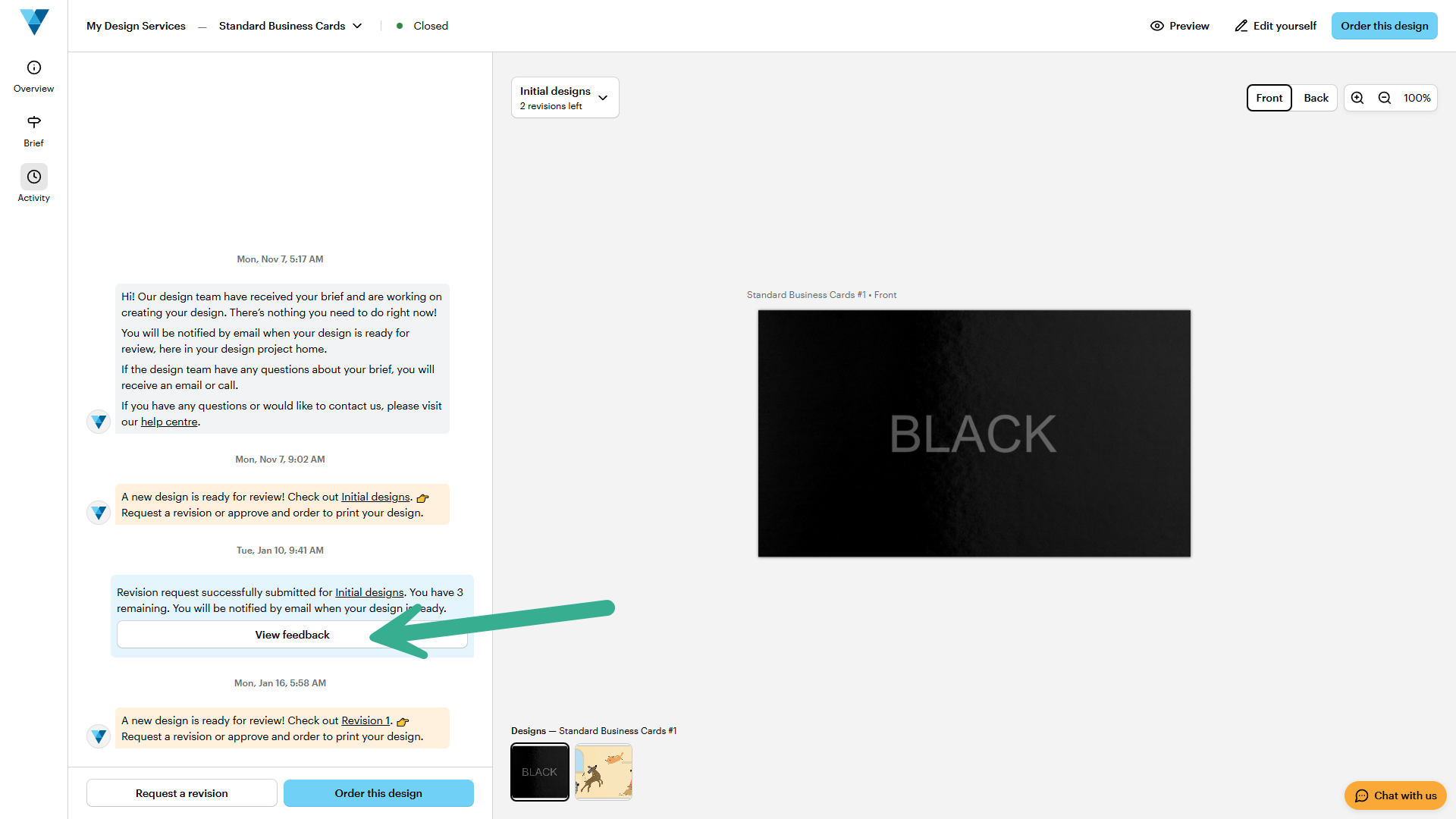 Página de «Servicios de diseño» en la que aparece destacada la opción de «Ver comentarios» para revisar los comentarios de revisiones anteriores.