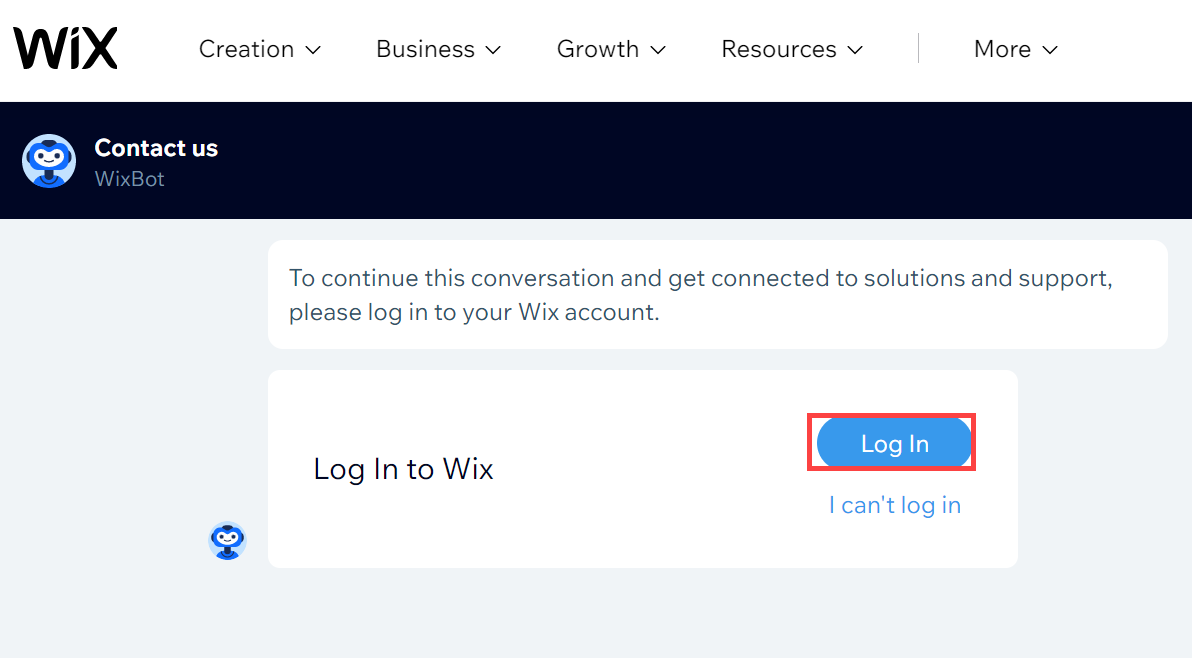 Página de «Contacta con nosotros» de Wix en la que aparece resaltado el botón «Iniciar sesión».