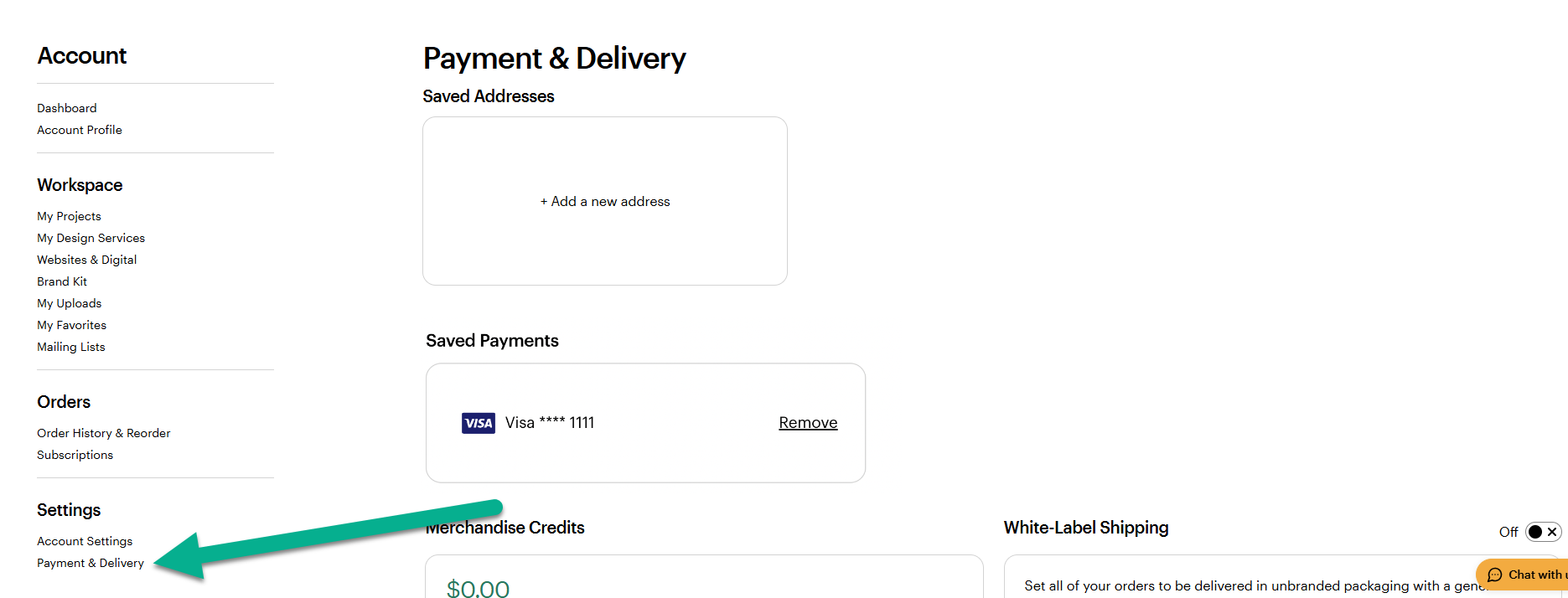 Interfaz de la cuenta de VistaPrint donde se muestra el subapartado de «Pago y envío» dentro del apartado de «Configuración», en el menú de navegación lateral.
