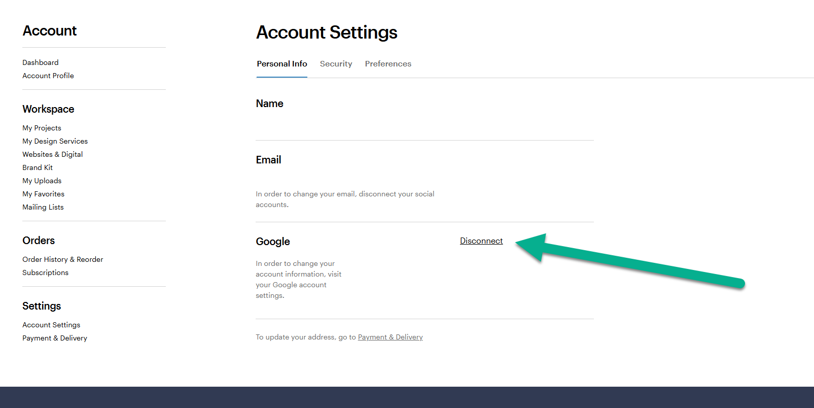 En la pestaña de «Información personal» de la configuración de la cuenta de VistaPrint aparece el botón de «Desconectarte» junto a la integración de la cuenta de Google.