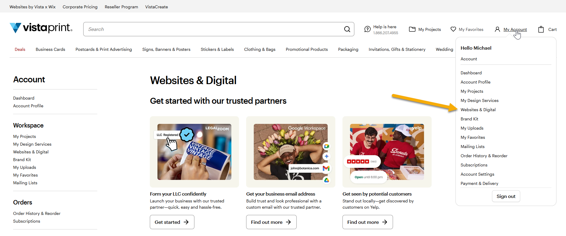 Aparece la página de «Páginas web y espacio de trabajo digital», con una flecha que apunta a «Páginas web y productos digitales» en «Mi cuenta».