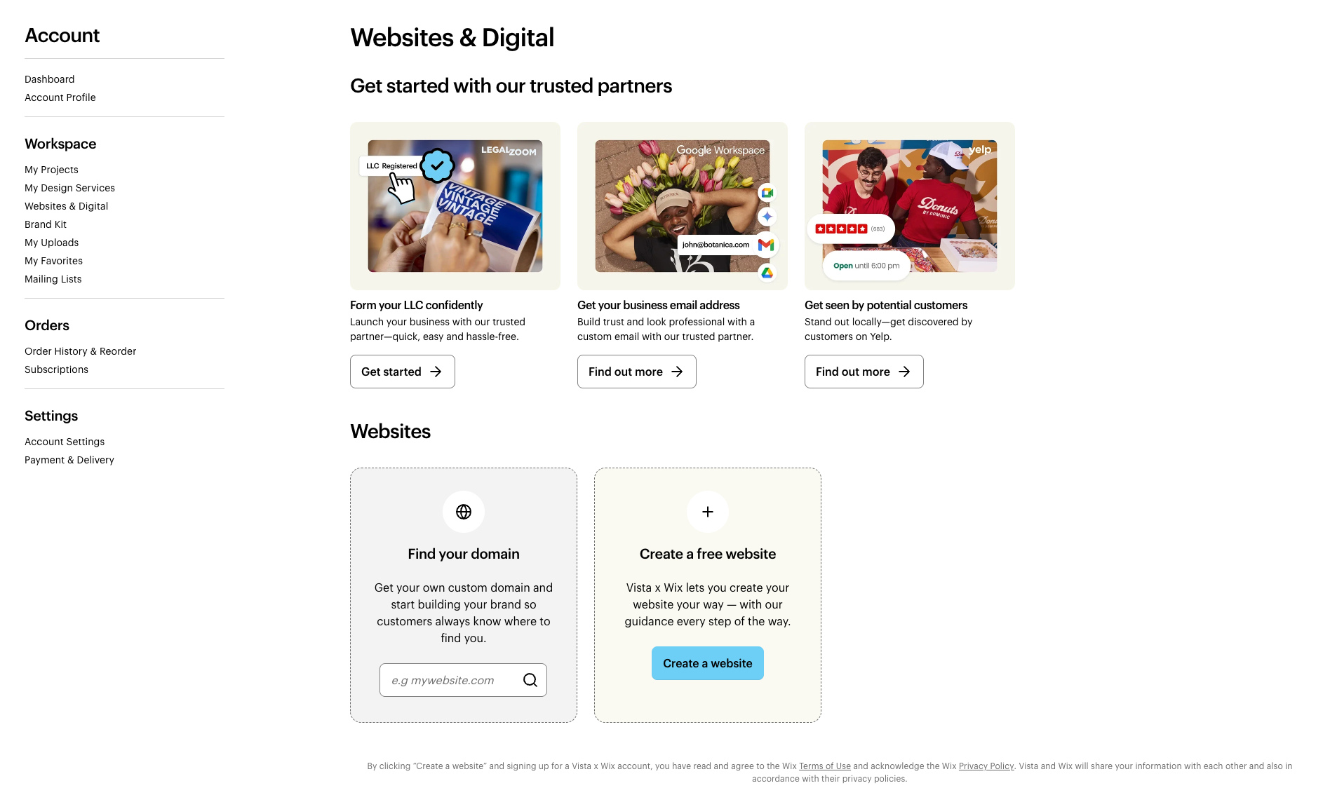 Aparece la página de «Páginas web y productos digitales» con opciones para buscar un dominio o crear una página web.