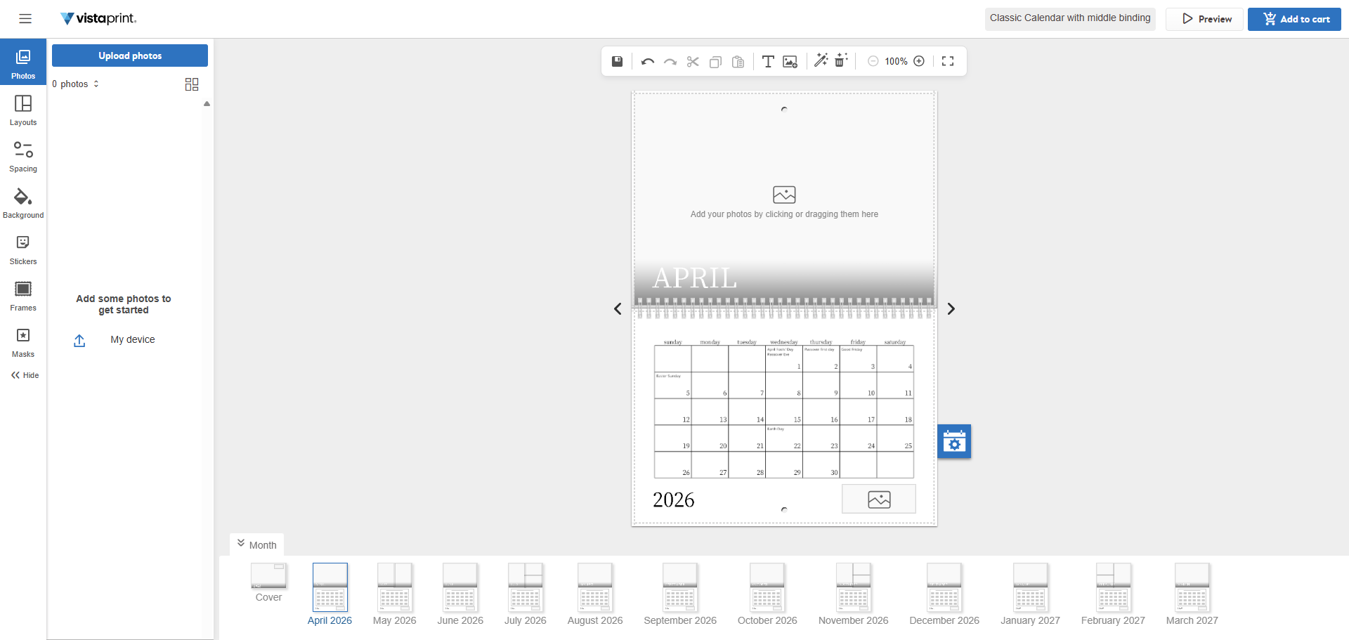 El editor de VistaPrint muestra un calendario de 2026 actualizado para que empiece en abril.