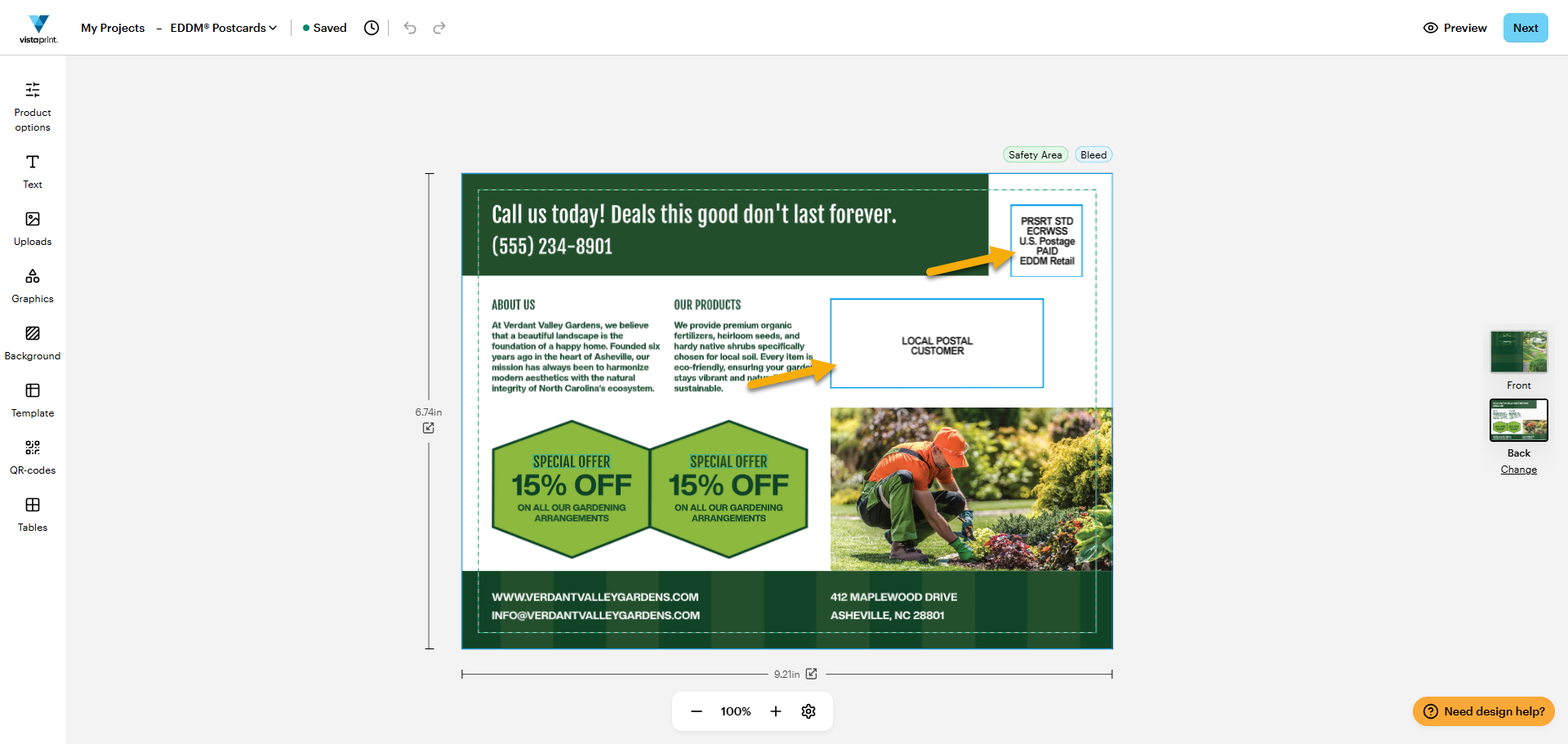 El reverso de una postal para Every Door Direct Mail. Dos flechas señalan las áreas para la marca de franqueo, el marcado postal estandarizado.