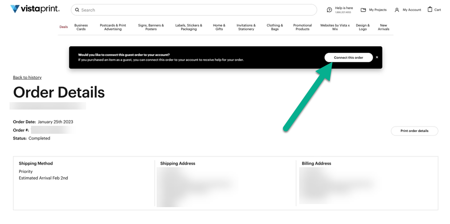 Vieraana tehdyn tilauksen tiedot. Nuoli osoittaa ”Liitä tämä tilaus” -painiketta