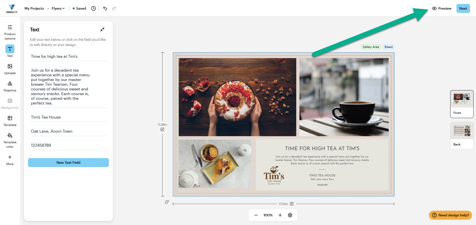 VistaPrintin suunnittelustudio. Nuoli osoittaa ylävalikossa olevaa esikatselupainiketta.