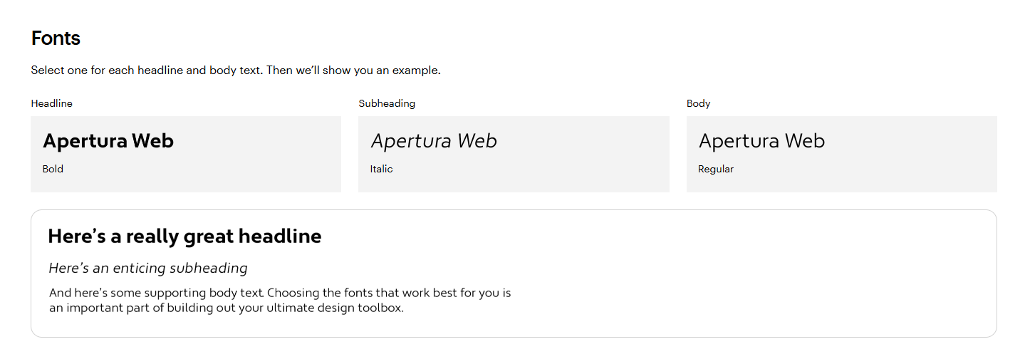 Brändipaketin fonttiosio, jossa on kolme fonttikenttää ja tekstin esikatselu, jossa käytetään Apertura Web -fonttia eri vahvuuksina.