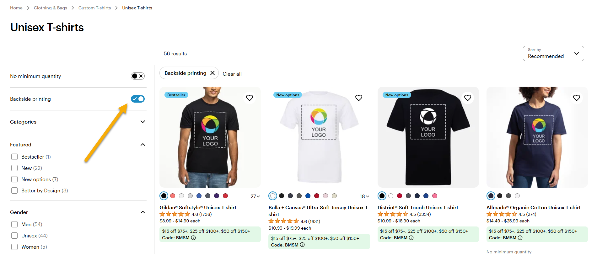 Unisex-T-paitojen galleria, jossa nuoli osoittaa takapuolelle tulevan painatuksen valitsinta.