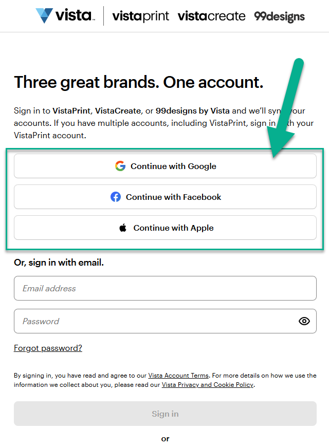 VistaPrintin kirjautumissivu, jossa on korostettuina Google-, Facebook- ja Apple-palveluiden kirjautumispainikkeet, ja niihin osoittava nuoli.