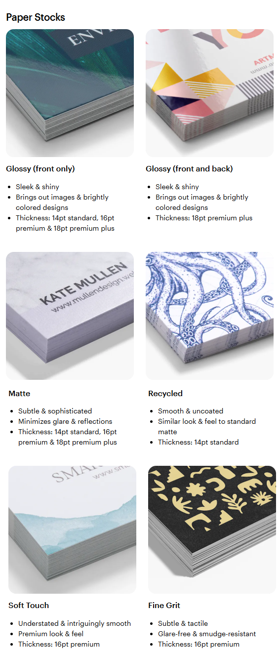 Yleiskatsaus paperivalikoimaan, jossa on kuvaukset ja lähikuvat kustakin paperilaadusta.