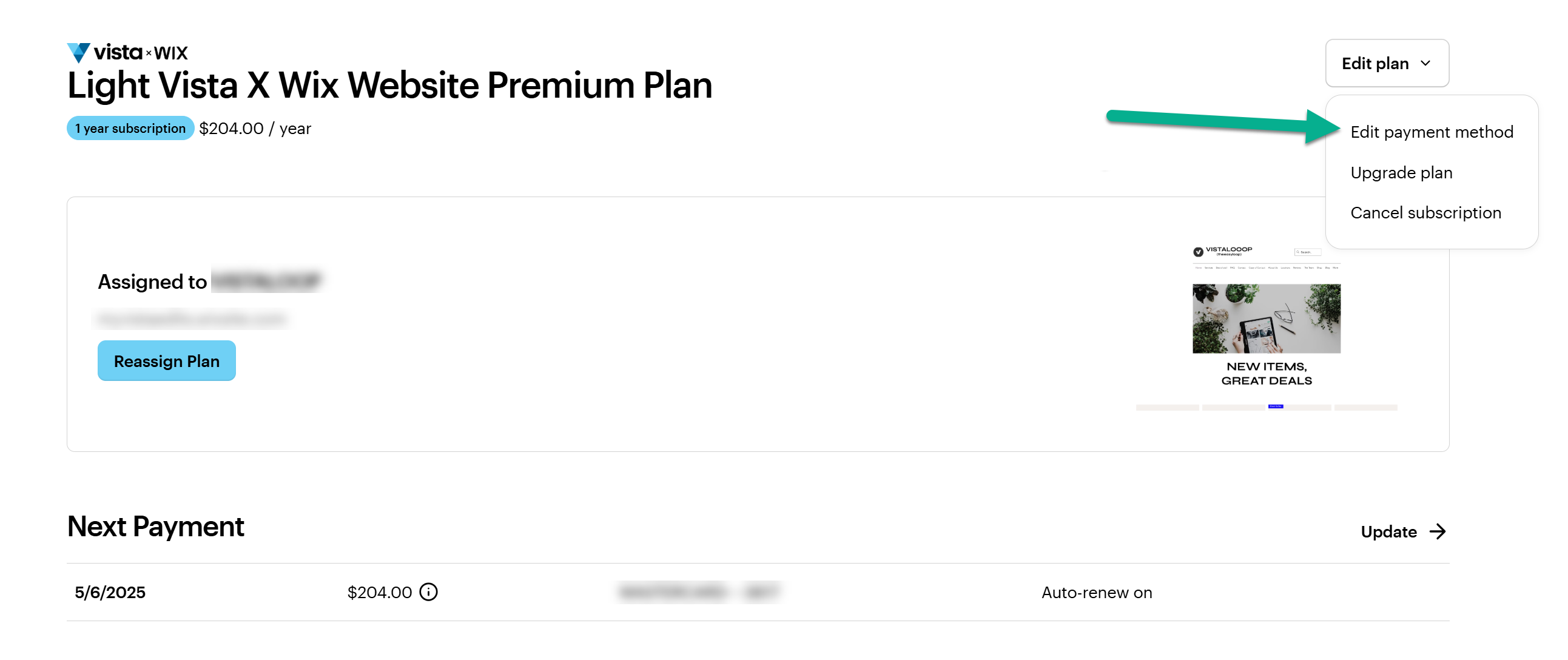 Écran de gestion de l’abonnement VistaPrint avec l'option Modifier le mode de paiement mise en évidence dans le menu déroulant Modifier l’abonnement.