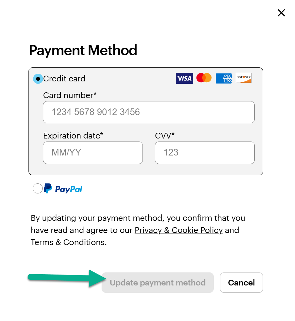 Fenêtre contextuelle Mode de paiement indiquant les champs relatifs à la carte de crédit et à PayPal, avec le bouton Mettre à jour le mode de paiement mis en évidence en bas.