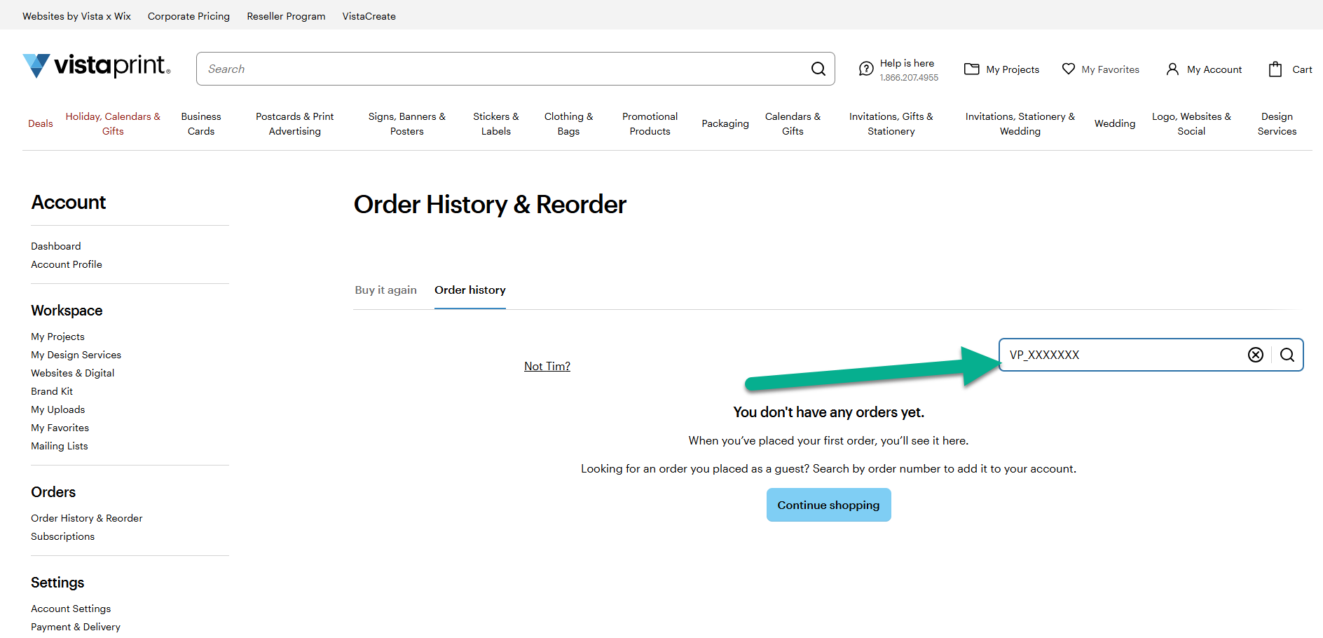 Une flèche pointe vers la barre de recherche sur la page « Historique des commandes » de VistaPrint, où un numéro de commande au format VP_XXXXXXX apparaît.