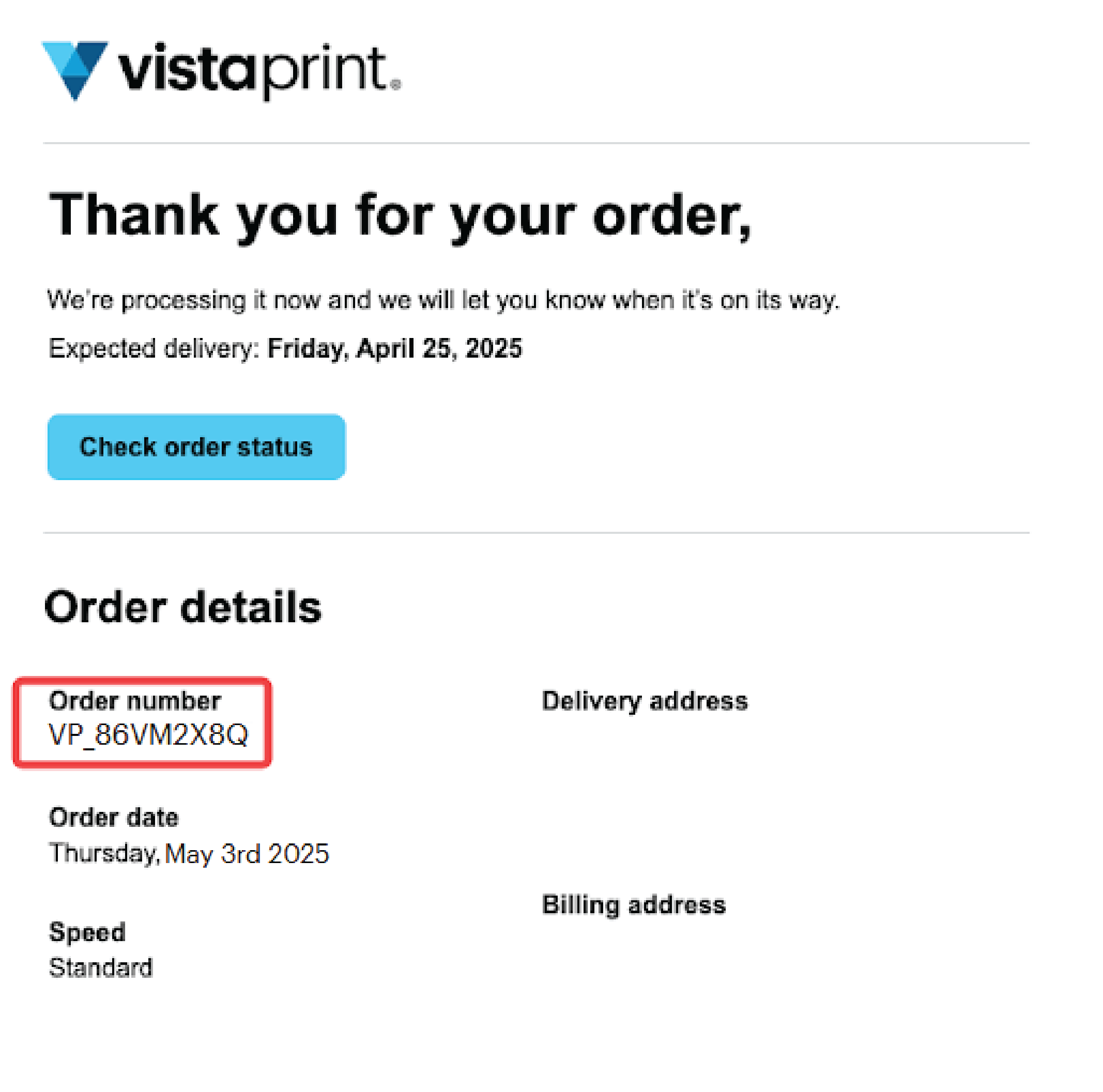 Exemple d'e-mail de confirmation dans lequel le numéro de commande, VP_86VM2X8Q, est mis en évidence.