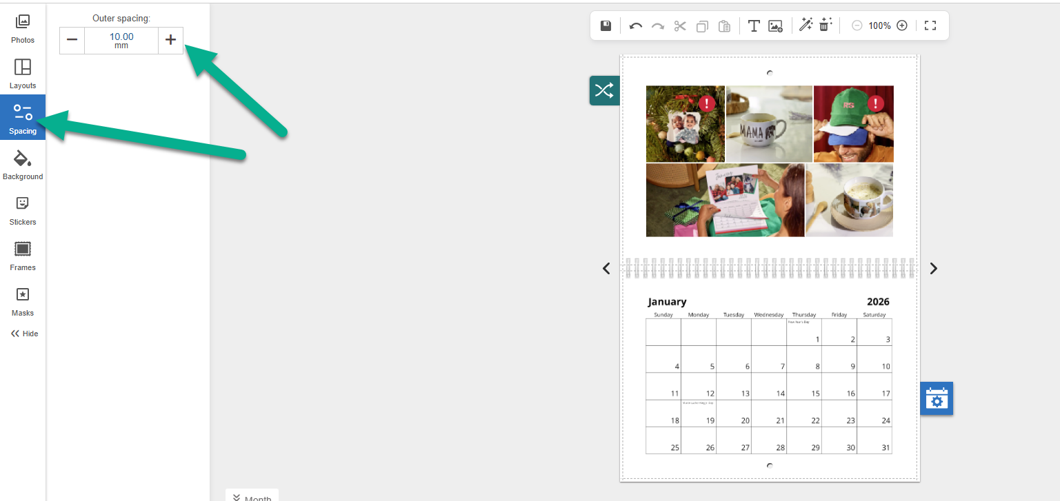 Dans le studio de calendrier VistaPrint, les flèches indiquent l'onglet Espacement et le champ Espacement extérieur pour ajuster les marges autour du contenu de la page