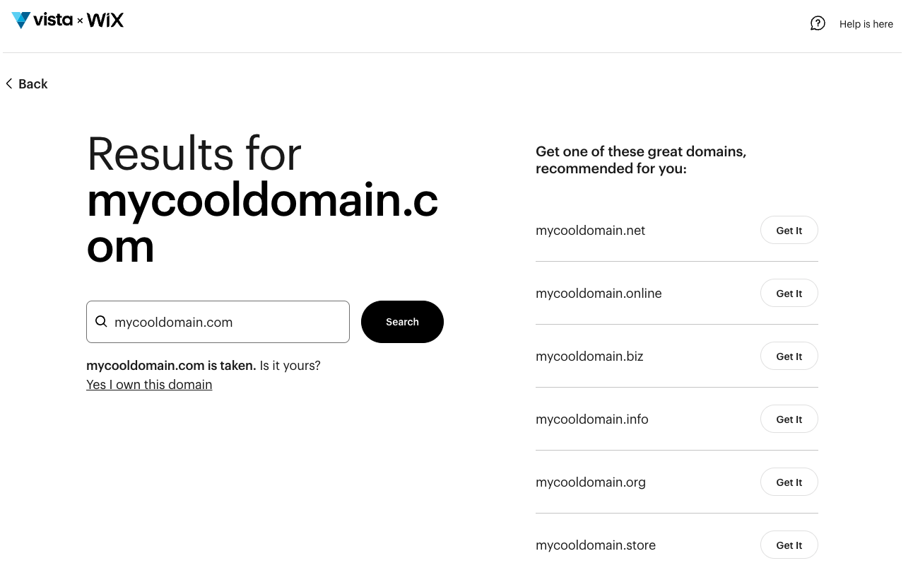 Page de résultats de recherche affichant une liste d'extensions de domaine recommandées.