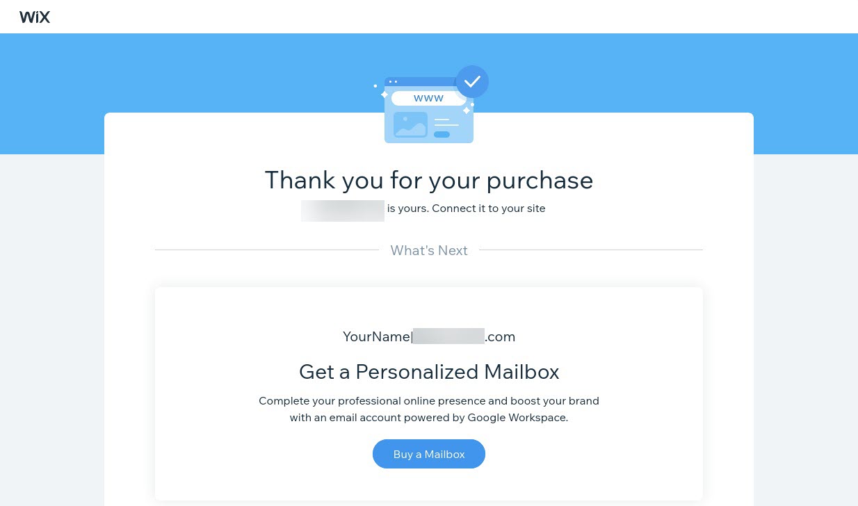 Page de confirmation avec le message « Merci pour votre achat » et un bouton « Acheter une boîte mail » pour le nouveau domaine.