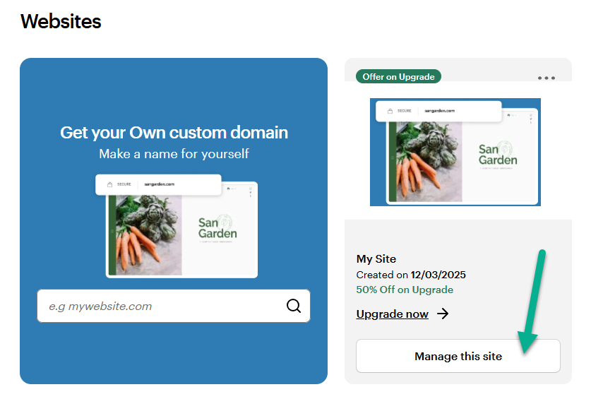 Les sites web et le tableau de bord numérique affichent une fiche de site pour Mon site avec un bouton Gérer ce site.