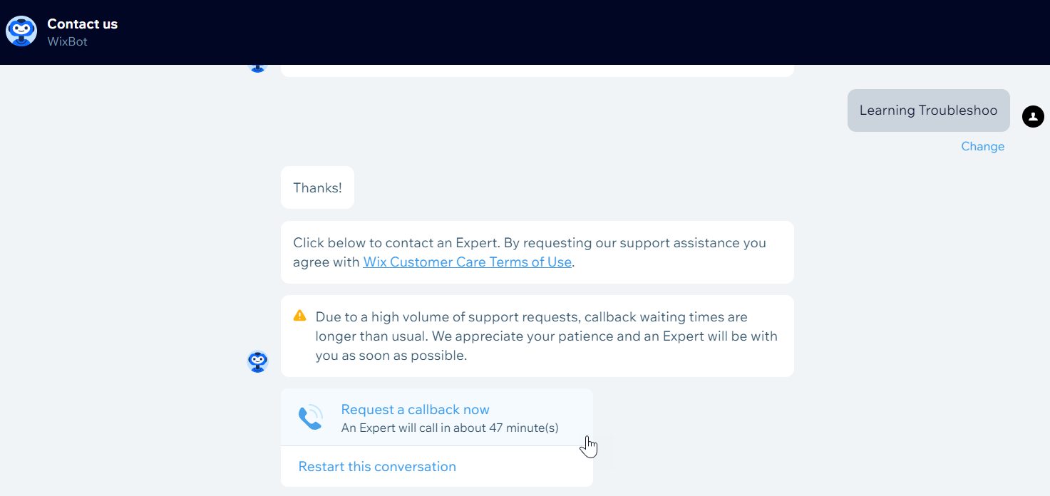 Page de conversation du chatbot affichant un bouton à être rappelé.
