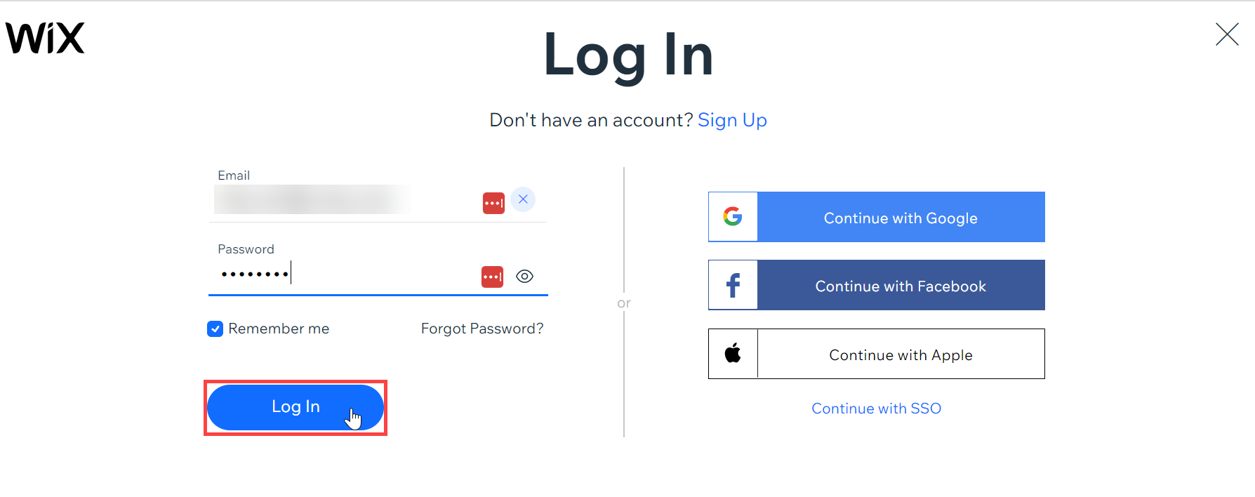 Page Contactez-nous de Wix avec le bouton Se connecter mis en évidence et le formulaire d'identification rempli.