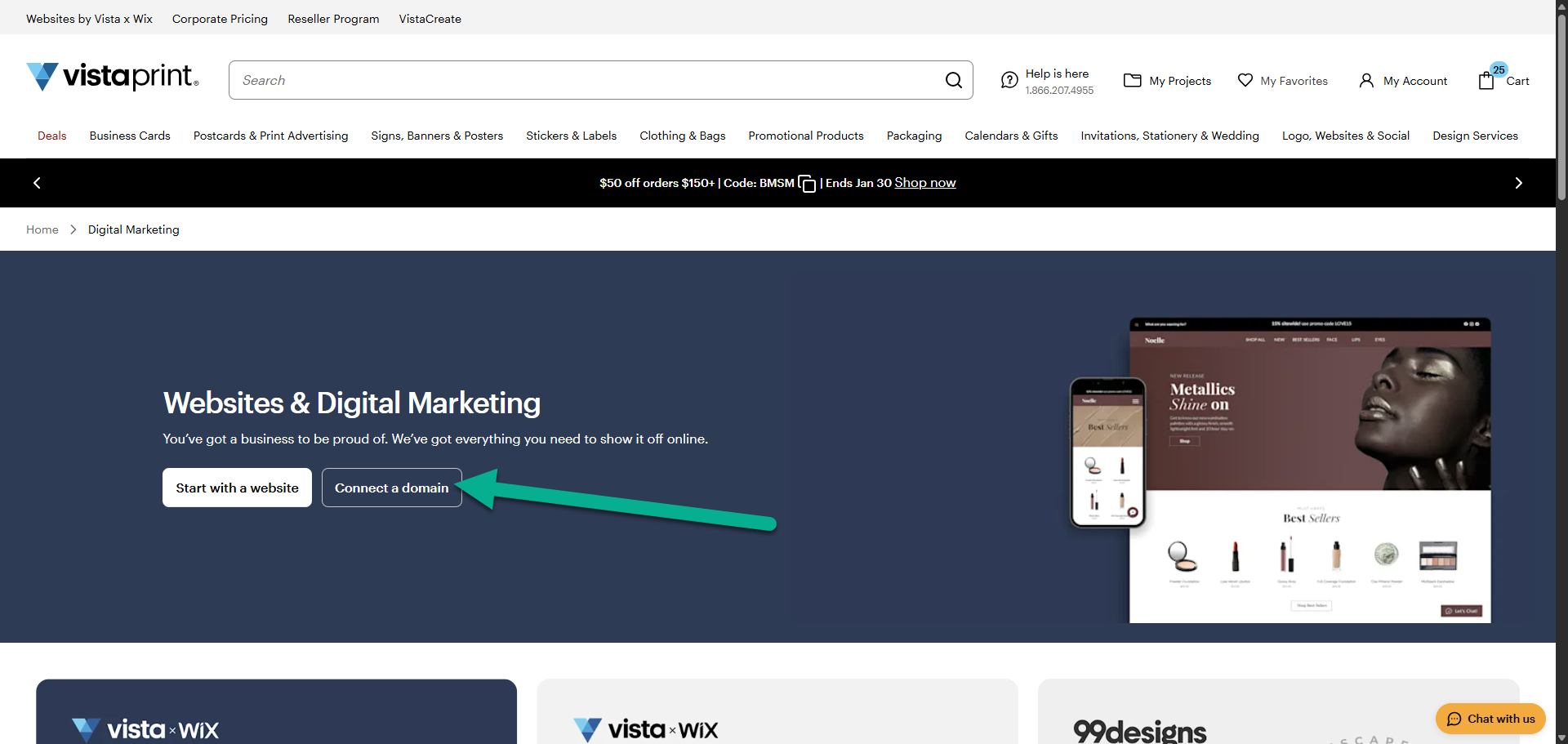Page Sites web et e-marketing de Vistaprint avec une flèche pointant vers le bouton Connecter un domaine.