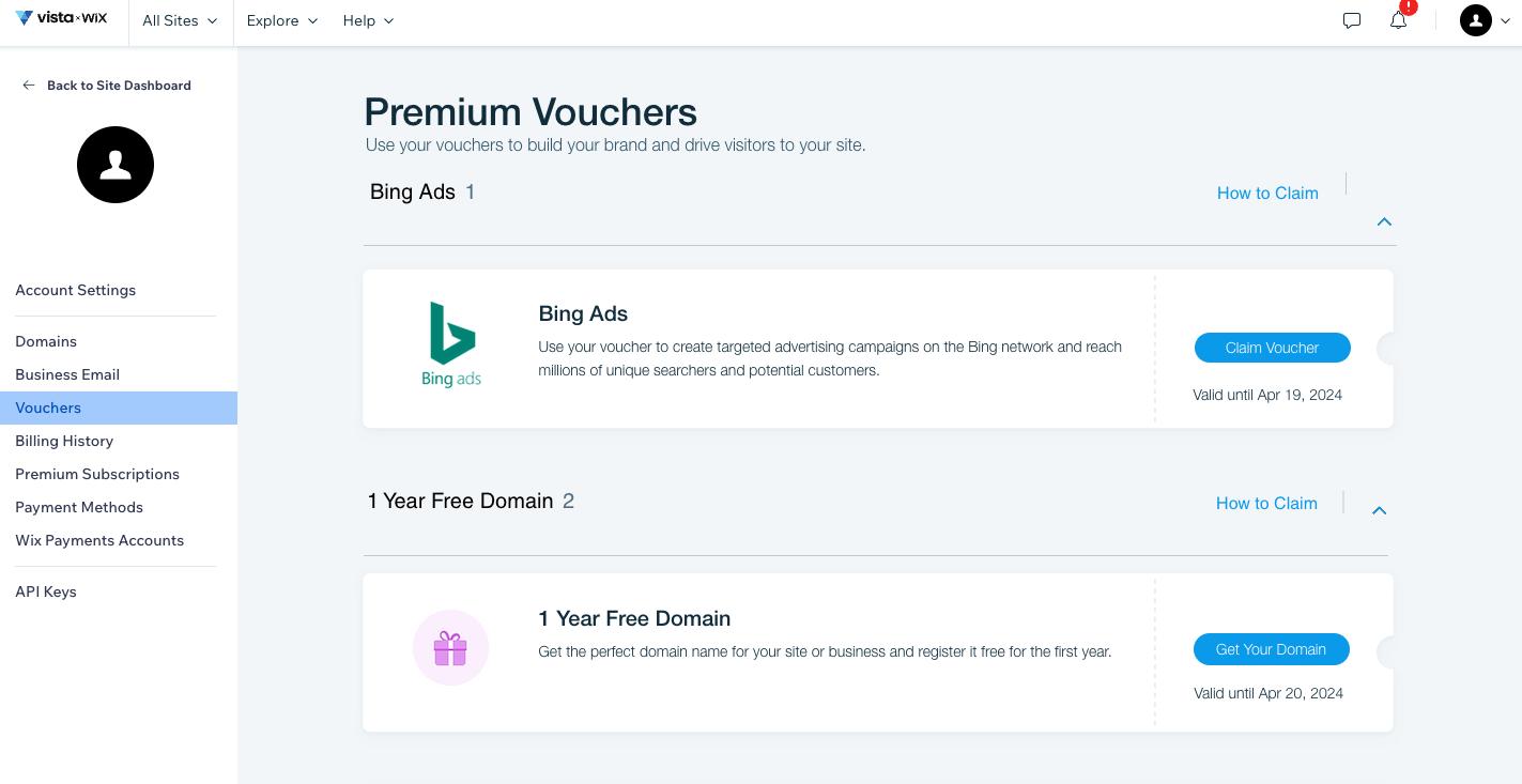 Tableau de bord du compte Premium dans Wix avec un bon d'achat pour un domaine gratuit d'un an.