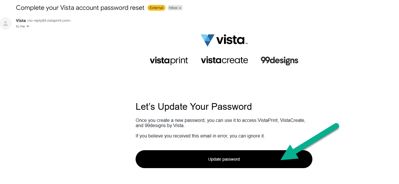 E-mail de réinitialisation de mot de passe VistaPrint comportant les logos de l'entreprise et une flèche indiquant un bouton noir Changer le mot de passe.