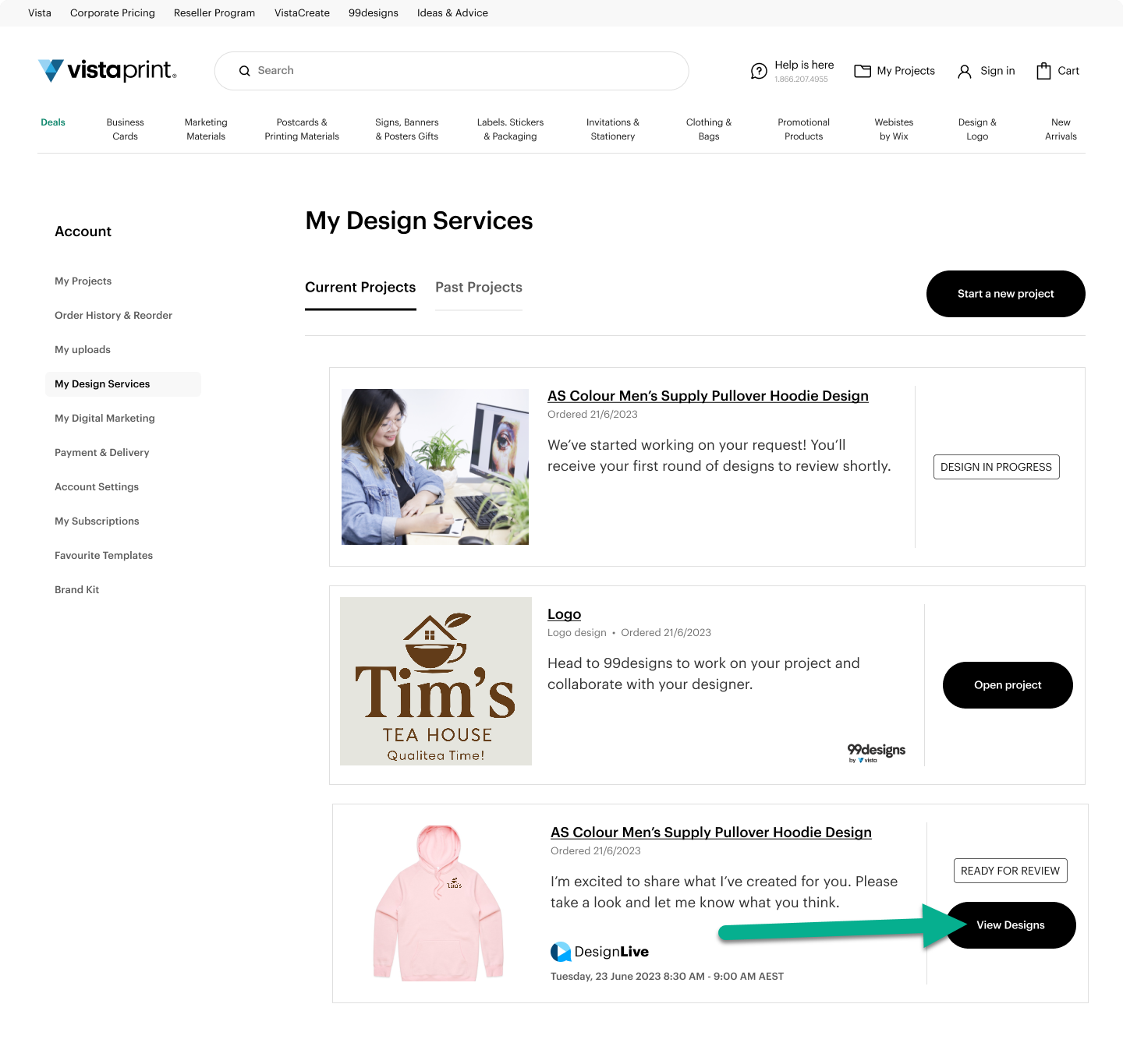 Page Services graphiques avec une liste de projets ; une flèche pointe vers un bouton noir « Voir les graphismes ».