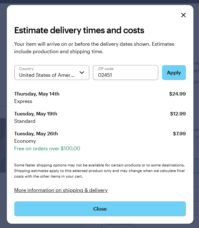 Sur la page produit de VistaPrint, une flèche verte indique le lien « Plus d’options » dans la section consacrée aux informations de livraison.