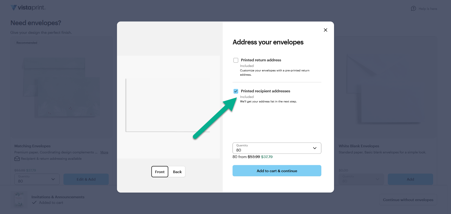 Fenêtre intitulée « Imprimez une adresse sur vos enveloppes » avec la case « Adresses imprimées du destinataire » cochée, indiquée par une flèche.