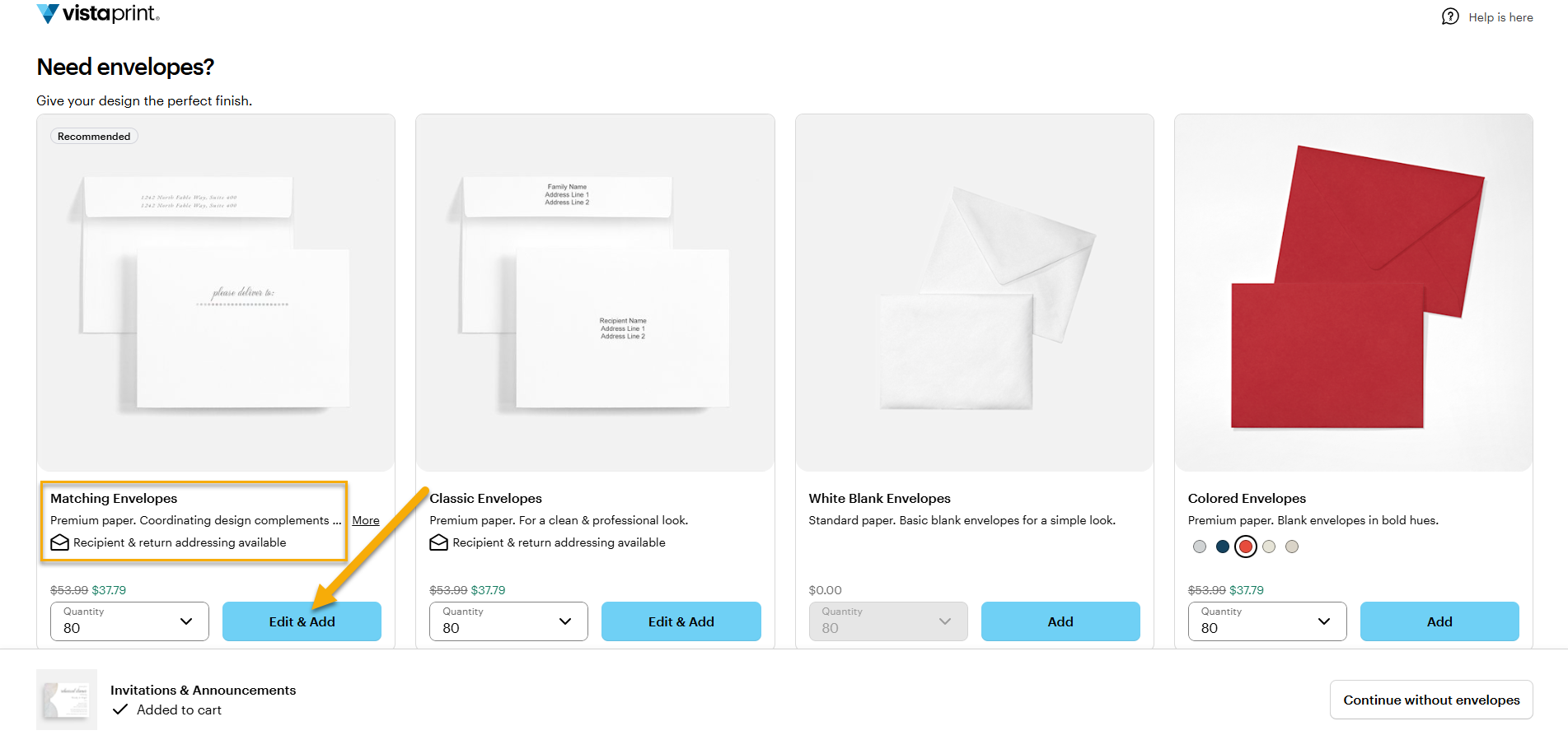 Rubrique vous proposant des options pour les enveloppes. Les enveloppes assorties se trouvent à gauche. Une flèche pointe vers « Modifier » et « Ajouter ».