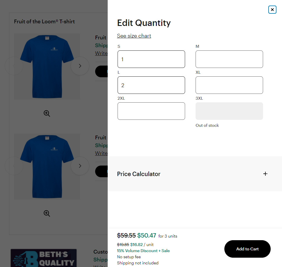 Page produit du t-shirt Fruit of the Loom présentant une sélection de tailles : 1 Small et 2 Large.
