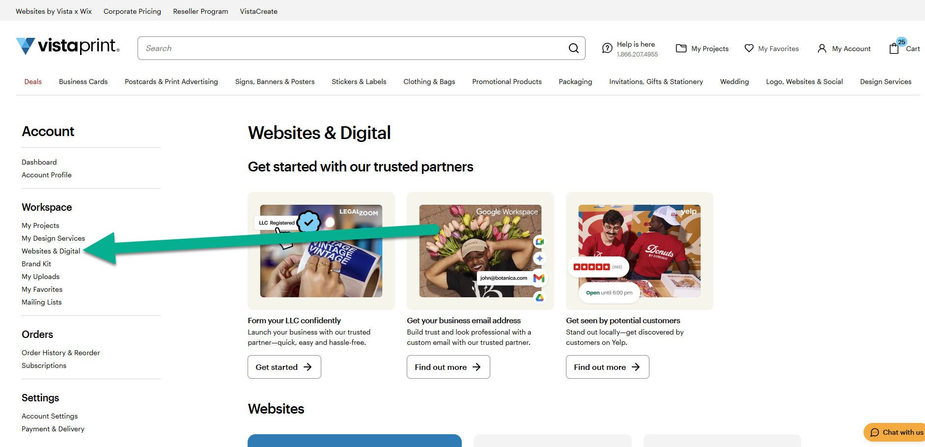 L'option Sites web et e-marketing est mise en évidence dans le menu de navigation de gauche de Mon compte.