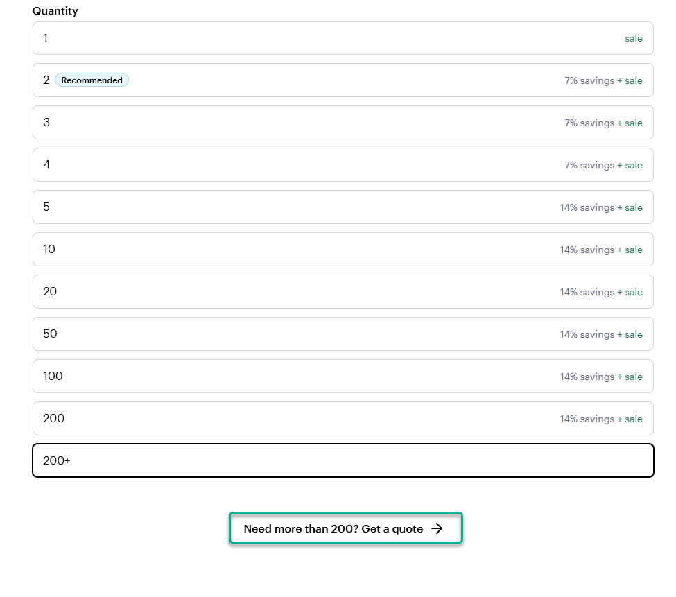 Options de sélection de quantité indiquant les différents tarifs et économies réalisées, avec un lien pour obtenir un devis pour les commandes de plus de 200 unités.