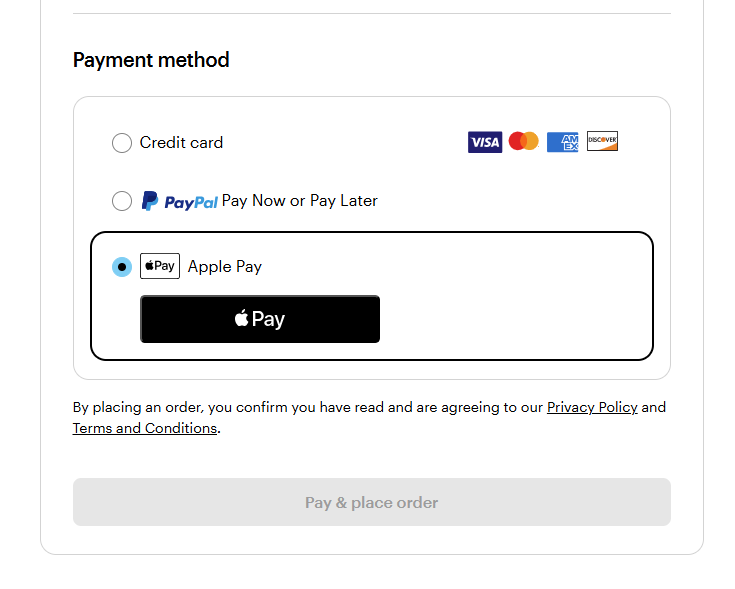 Page de paiement indiquant qu'Apple Pay a été sélectionné comme moyen de paiement.