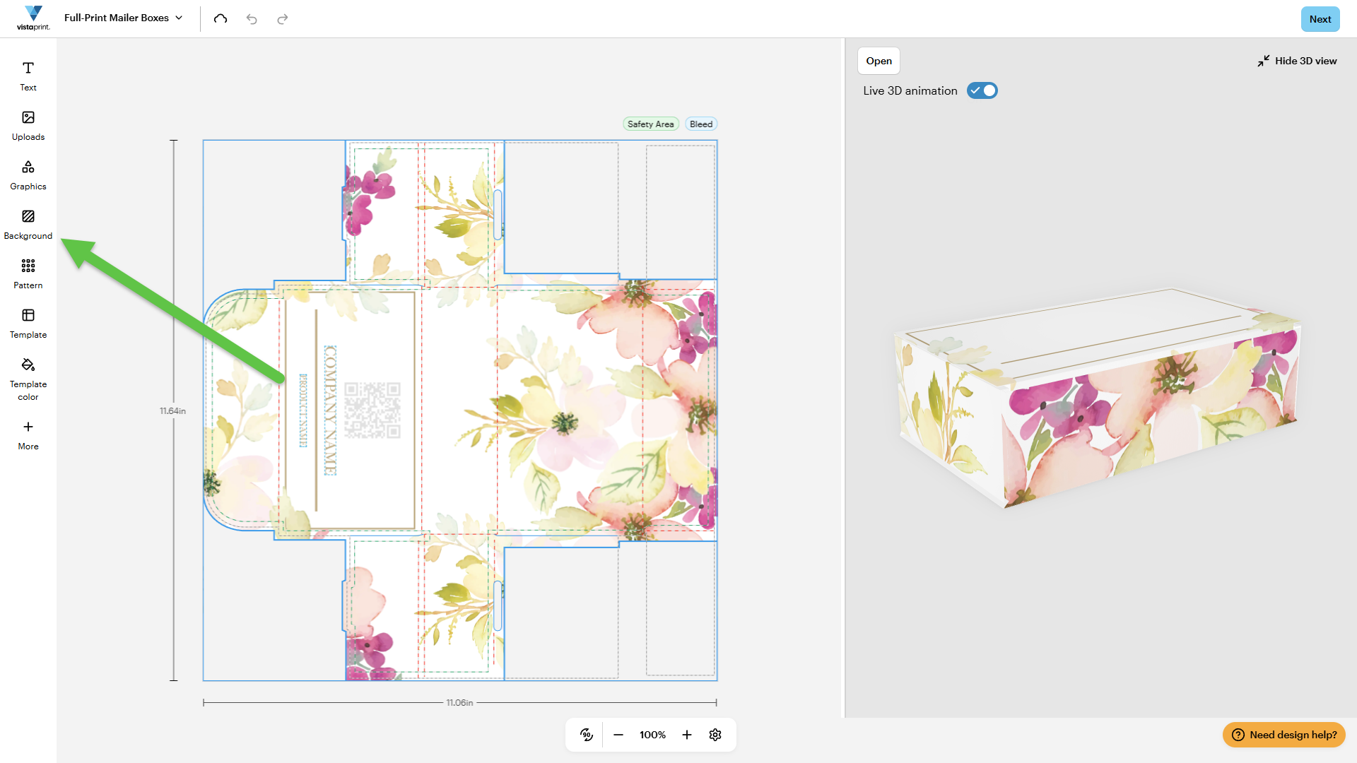 Studio de création VistaPrint présentant une boîte d'expédition avec une flèche indiquant le bouton en arrière-plan.