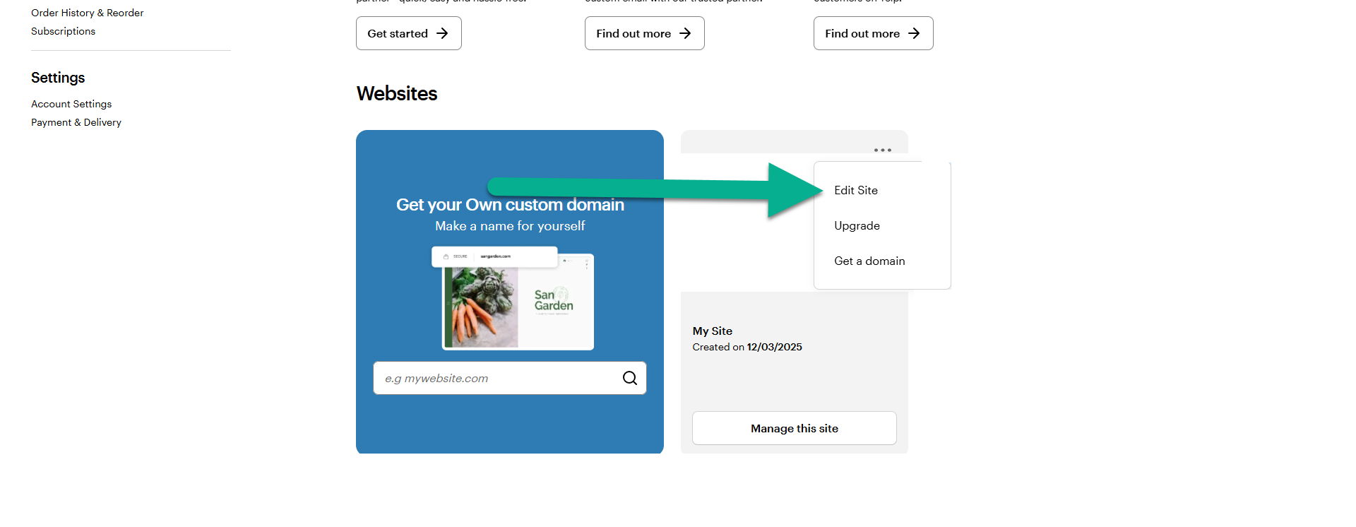 Rubrique Sites web du tableau de bord, mettant en évidence l'option Modifier le site dans le menu des paramètres du site.