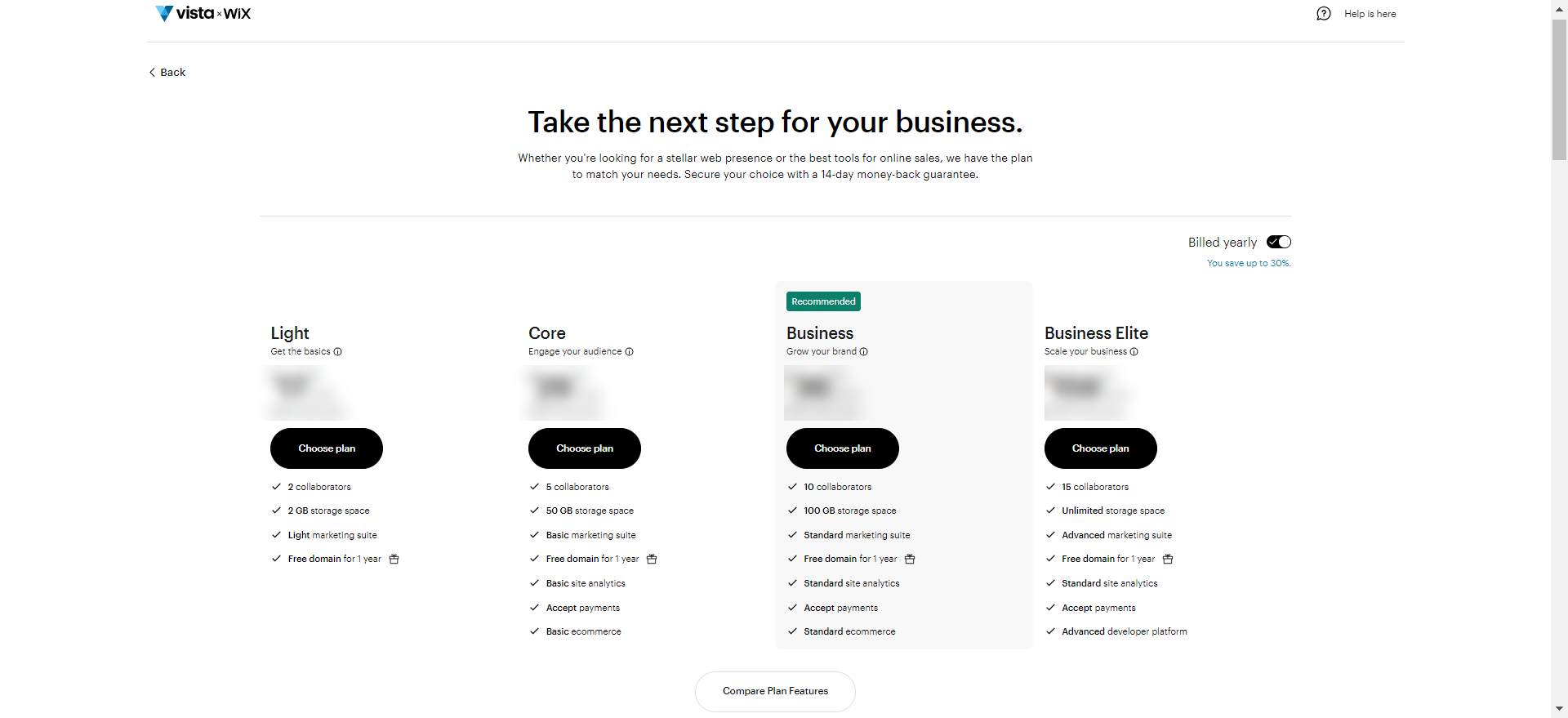 Présentation des abonnements de site web disponibles, avec les détails de chaque formule et une option Choisir un abonnement pour chacune d'entre elles.