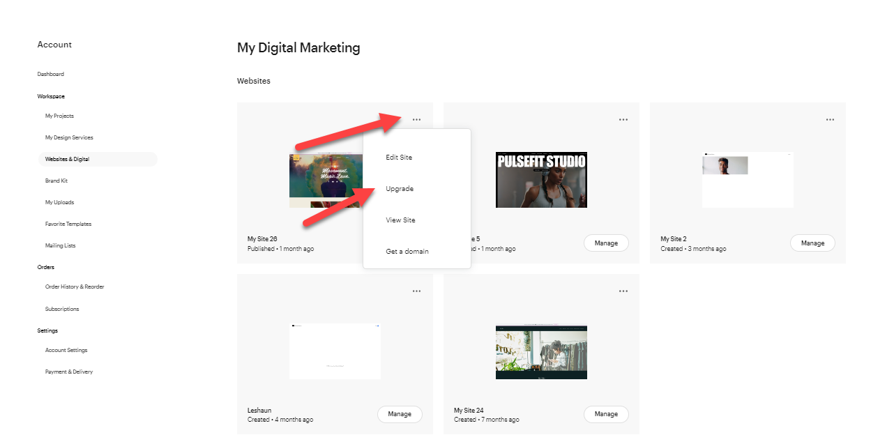 Page Mon e-marketing avec une liste de sites web. Le menu à trois points d'un site web est ouvert et l'option Abonnement supérieur a été sélectionnée.
