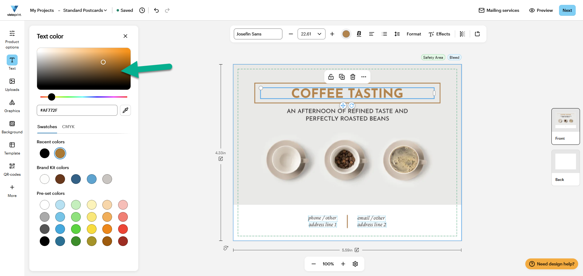 Menu latéral Couleur de texte affichant un dégradé détaillé et un champ de code hexadécimal utilisé pour définir une nuance personnalisée spécifique.