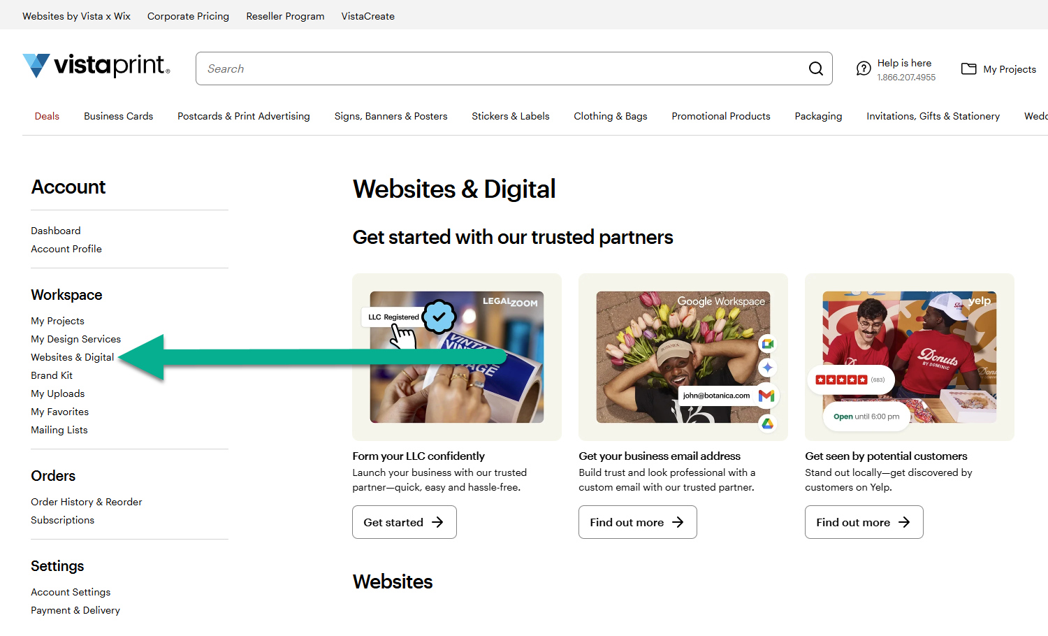 Menyalternativet Nettsteder og digitalt er valgt i delen Arbeidsområde i navigasjonsfeltet i sidepanelet på VistaPrint-kontoen.