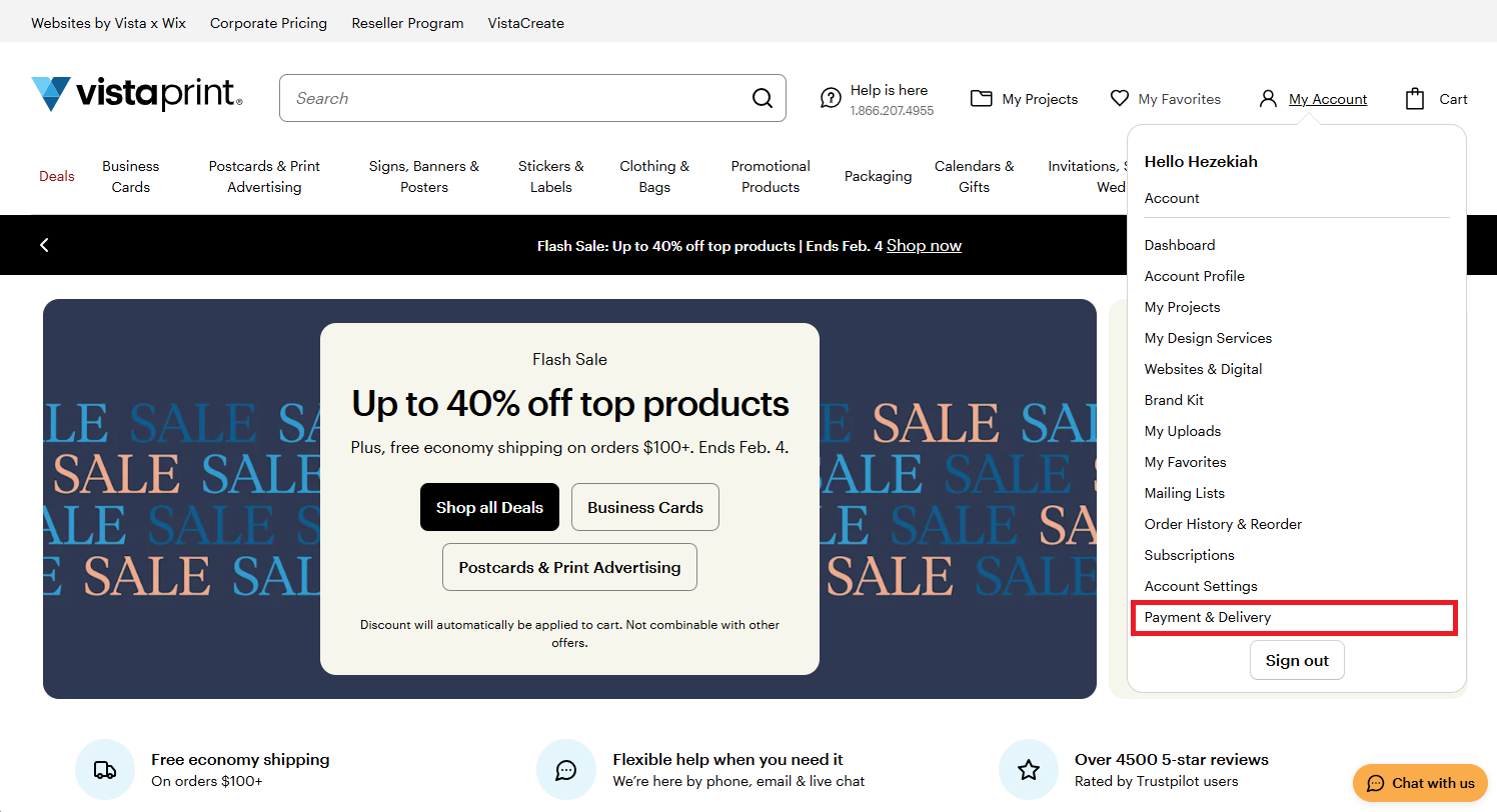 Skjermbilde av menyen når du velger «Min konto». «Betaling og levering» er i en rød ramme