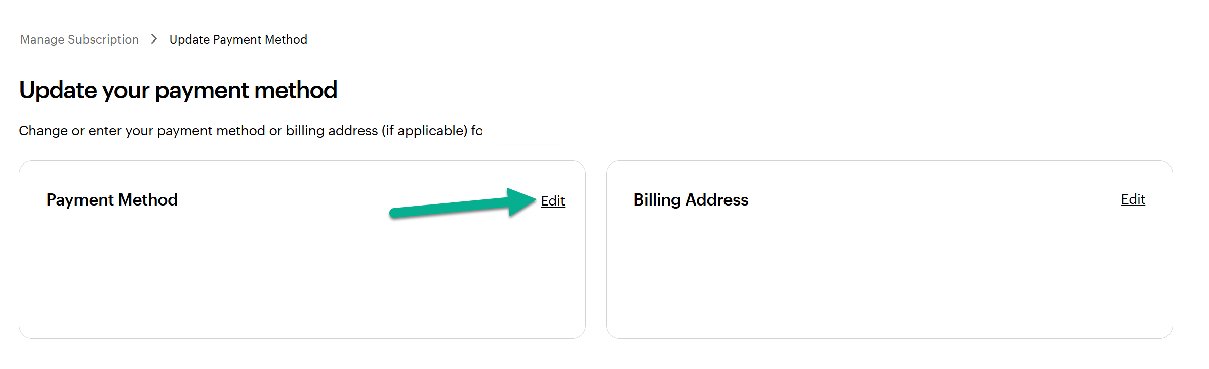 De pagina 'Je betaalwijze bijwerken' op VistaPrint met een vak 'Betaalwijze' waarin de link 'Bewerken' is gemarkeerd.