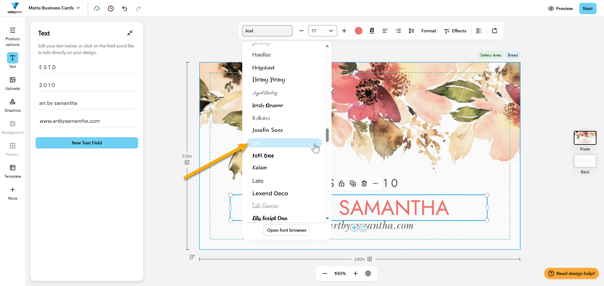 Een ontwerp in VistaPrint Studio waarin het nieuwe lettertype Jost geselecteerd is. De tekst staat nu in het nieuwe lettertype.