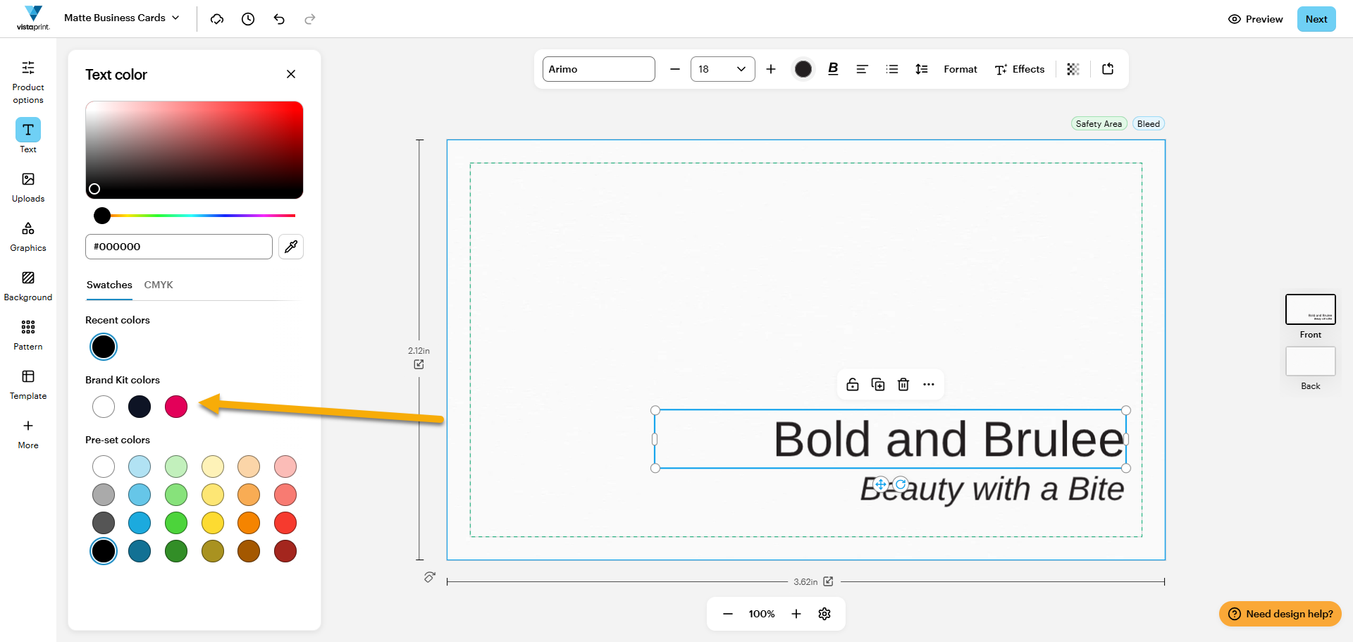 Een ontwerp in de VistaPrint Studio met een pijl die naar de kleuren van de Brand identity wijst.
