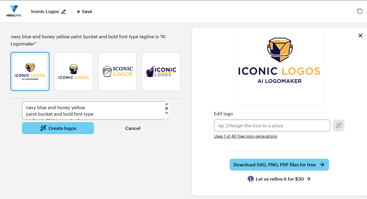 Een schermafbeelding van de AI Logomaker met links de verschillende logo-opties en rechts een close-up van het geselecteerde logo met rechtsonder een knop Downloaden