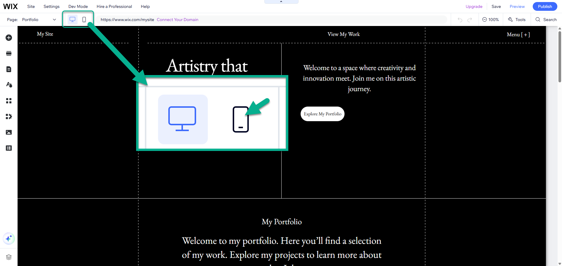 Een pijl wijst naar het pictogram van de mobiele telefoon in de werkbalk bovenaan de Wix-editor, waarmee je kunt wisselen tussen de desktop- en de mobiele modus van de editor op een desktop.